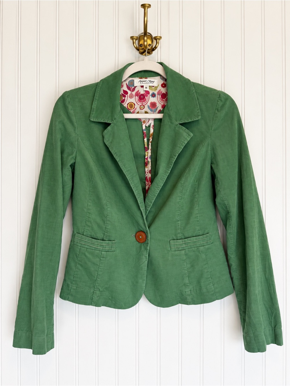Margaret O’Leary Green Corduroy Blazer S Floral Lined Boho Jacket